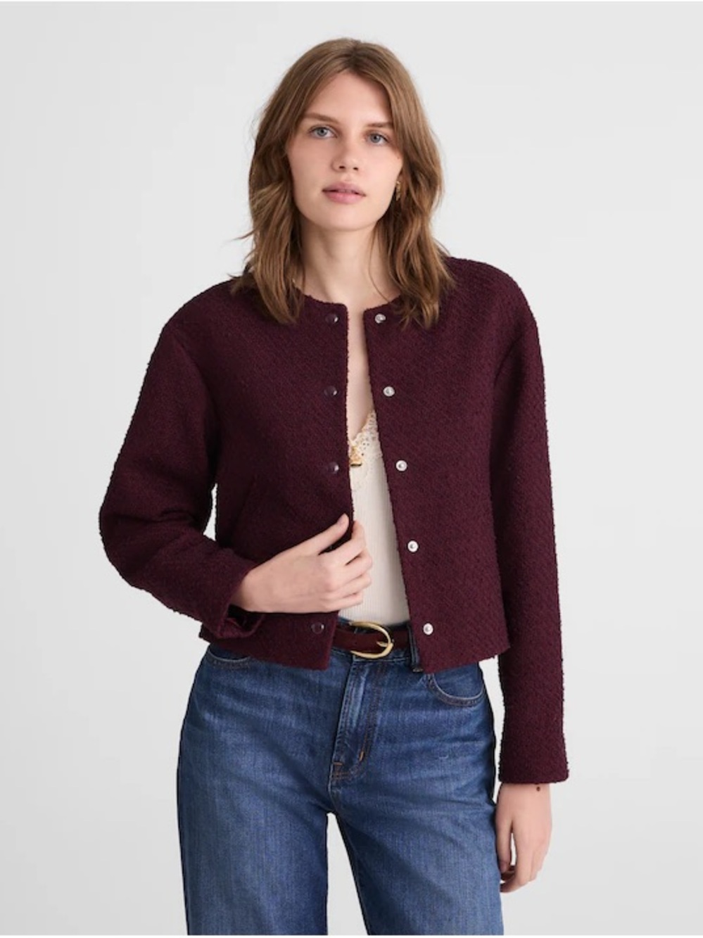 Madewell Cropped Snap-Front Jacket in Deep Wine
